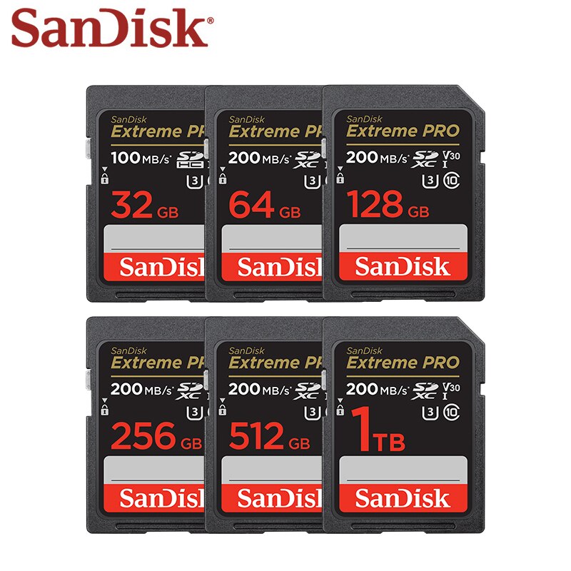 SanDisk  SD 카드, 익스트림 프로 메모리 카드, 32GB, 64GB, 128GB, 256GB, 512GB, 1TB, U3, 4K UHD 비디오, C10, V30, 고속 최대 200 MB/s